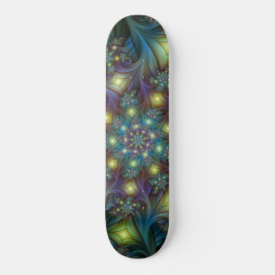Illuminated Abstract Shiny Teal Purple Fractal Art Skateboard