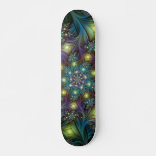 Illuminated Abstract Shiny Teal Purple Fractal Art Skateboard