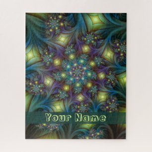 Illuminierte moderne blaue lila Fraktal Kunstname Puzzle