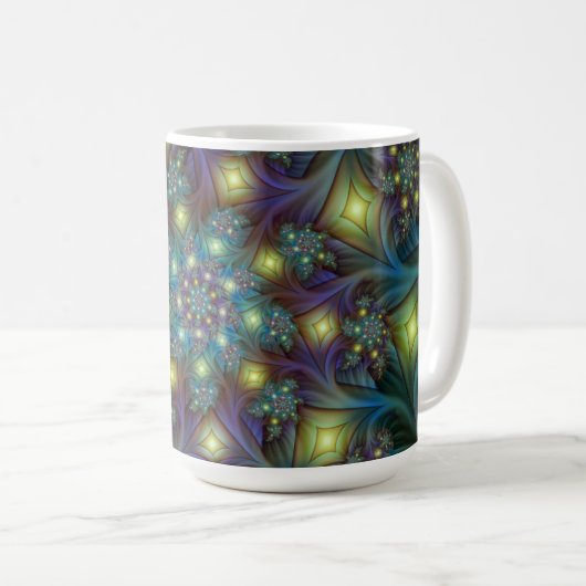 Illuminierte moderne blaue lila Fraktal Muster Kaffeetasse (VorderseiteRechts)