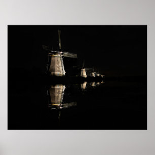 Illuminierte Windmühlen, Kinderdijk bei Nacht Post Poster