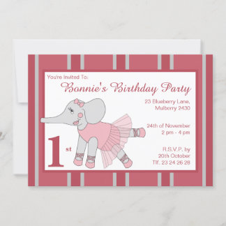 illusima Ballerina Elephant Girls Maroon Birthday Einladung
