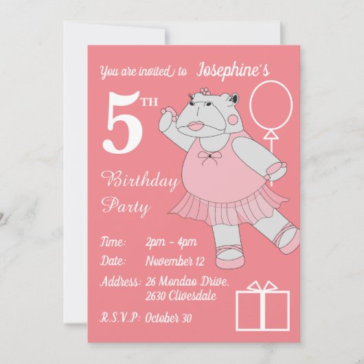 illusima Ballerina Hippo Peach Geburtstagsparty Einladung (Vorderseite)