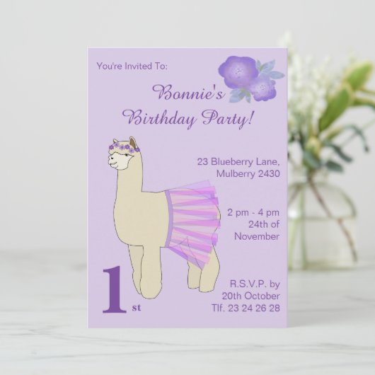 illusima Ballerina Llama Girls Lila Geburtstag Einladung (Stehend Vorderseite)