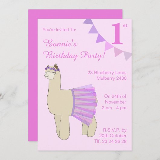 illusima Ballerina Llama Girls Pink Flags Geburtst Einladung (Vorne/Hinten)