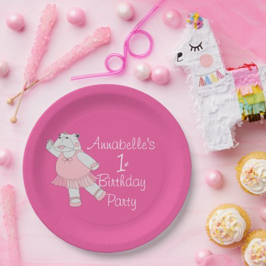 illusima Ballerina Nilpferd Rosa 1. Geburtstag Pappteller (Party)