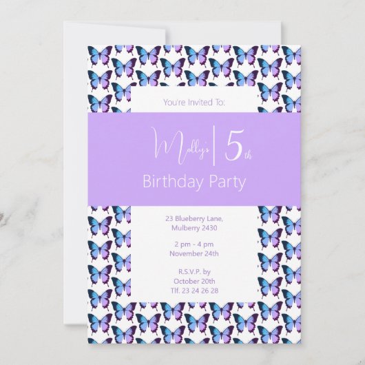 illusima Butterfly Muster Lila 5. Geburtstag Einladung (Vorderseite)