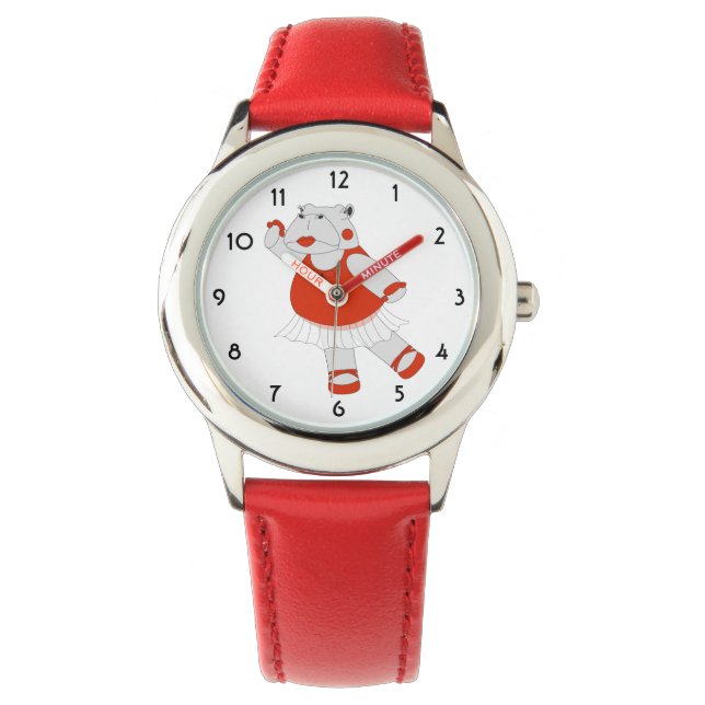 illusima Dancing Hippo Red Kids Watch Armbanduhr (Vorderseite)