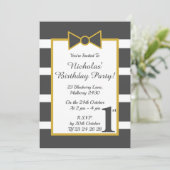 illusima Gray Gold Stripy Boys Bow Birthday Party Einladung (Stehend Vorderseite)