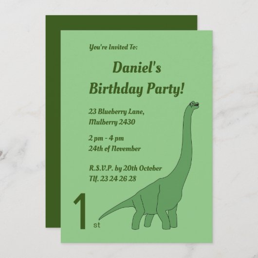 illusima Green Long Necked Dinosaur Boys Birthday Einladung (Vorne/Hinten)
