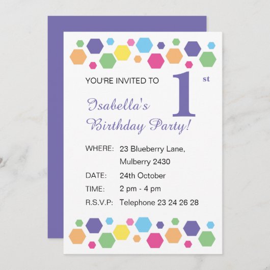 illusima Hexagons Lila Girls Geburtstagsparty Einladung (Vorne/Hinten)
