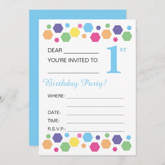 illusima Hexigons, blau, Party 1. Geburtstag Einladung (Vorne/Hinten)