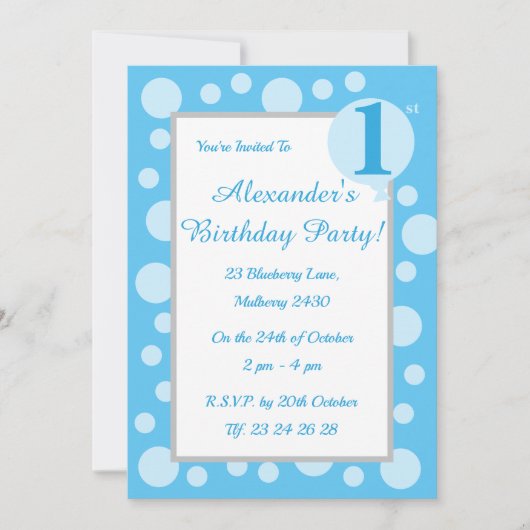 illusima Light Blue Spots & Dots Boys 1. Geburtsta Einladung (Vorderseite)