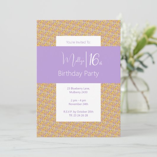 Illusima Lila Gelbe Blumenjugend 16. Geburtstag Einladung (Stehend Vorderseite)