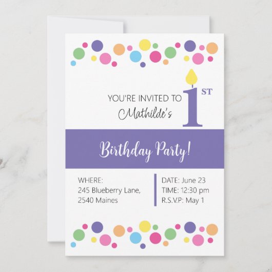 Illusima Rainbow Circles, Lila 1. Geburtstag Einladung (Vorderseite)