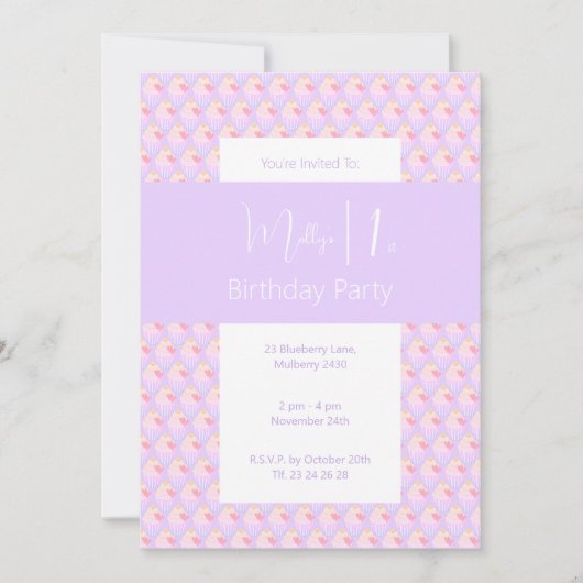 illusima Rainbow Cupcake Lila 1. Geburtstag Party Einladung (Vorderseite)