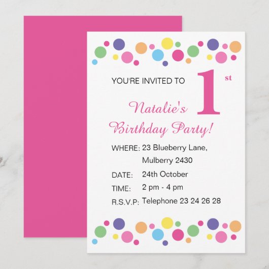 Illusima Rainbow Dots Girls Pink Birthday Invitati Einladung (Vorne/Hinten)