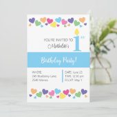 illusima Rainbow Liebe Hearts, Blue 1. Geburtstag Einladung (Stehend Vorderseite)