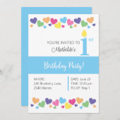 illusima Rainbow Liebe Hearts, Blue 1. Geburtstag Einladung (Vorne/Hinten)