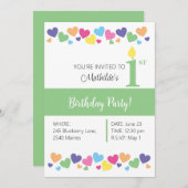illusima Rainbow Liebe Hearts, Green 1. Geburtstag Einladung (Vorne/Hinten)