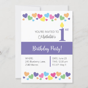 illusima Rainbow Liebe Hearts, Lila 1. Geburtstag Einladung