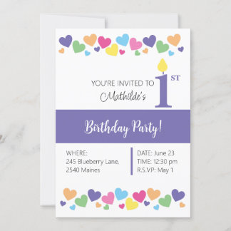 illusima Rainbow Liebe Hearts, Lila 1. Geburtstag Einladung