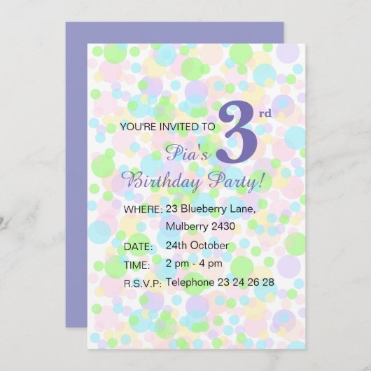 illusima Rainbow Pastel Dots Girls Lila Geburtstag Einladung (Vorne/Hinten)