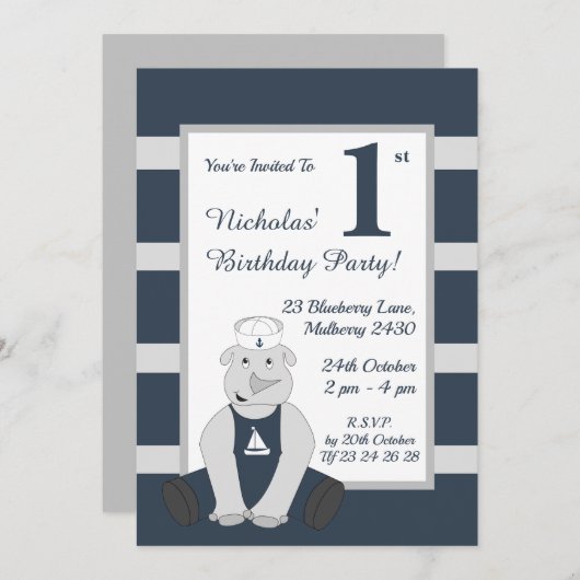 illusima Sailor Rhino Boys Blue Birthday Party Einladung (Vorne/Hinten)