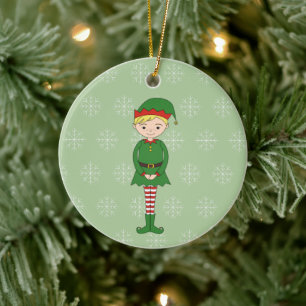 illusima Weihnachtsjunge Elf Schneeblumen Grün Keramik Ornament
