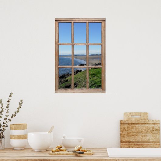 Illusion der Beach View aus einem Fake-Holzfenster Poster (Küche)