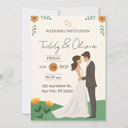 Illustrated Couple Floral Wedding Invitation Card Save The Date (Vorderseite)