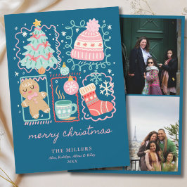 Illustrated Doodle Blue Xmas Gingerbread 3 Photo Feiertagskarte