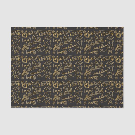 Illustrated Gold and Black Wedding Doodles Seidenpapier (Vorderseite)