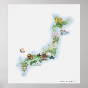 Illustrated map of ancient Japan Poster
