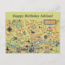 Illustrated Map of London Birthday Posrcard
