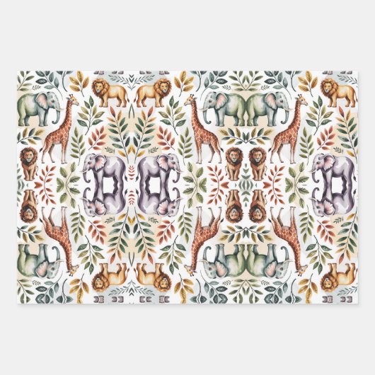 Illustrated pattern featuring elephants, lions geschenkpapier set (Vorderseite)