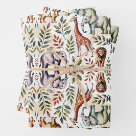 Illustrated pattern featuring elephants, lions geschenkpapier set