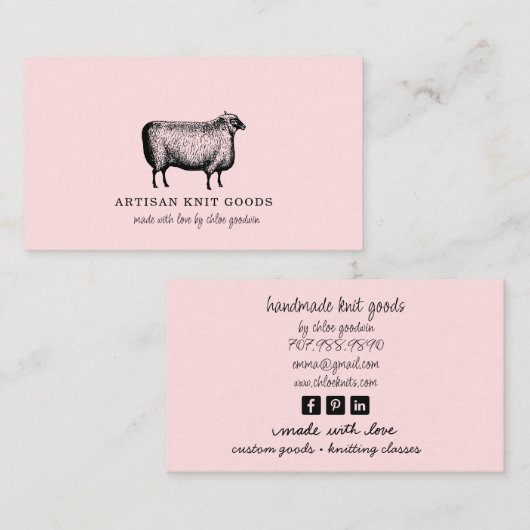 Illustrated Sheep Knitting Pink Business Visitenkarte (Vorne/Hinten)