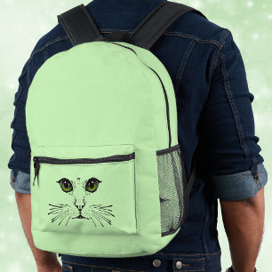 Illustration Black Cat Face Vivid Green Eyes Bedruckter Rucksack
