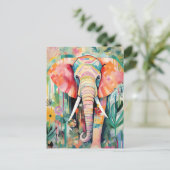 Illustration bunter Elefant mit Blumen pastel Postkarte (Stehend Vorderseite)