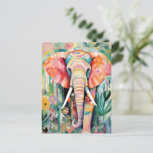 Illustration bunter Elefant mit Blumen pastel Postkarte (Stehend Vorderseite)