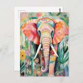 Illustration bunter Elefant mit Blumen pastel Postkarte (Vorne/Hinten)