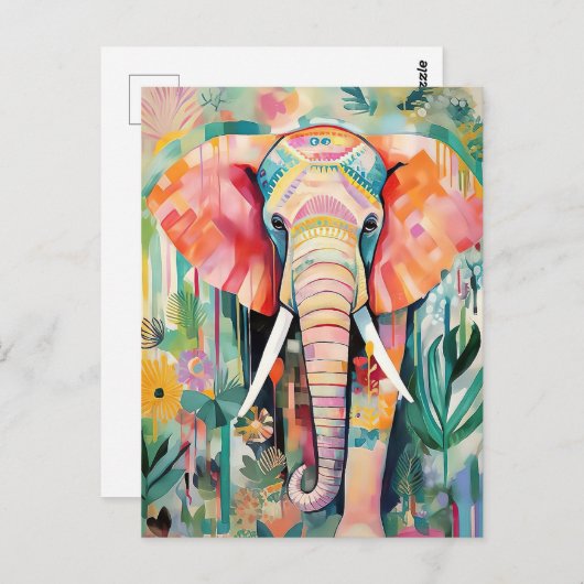Illustration bunter Elefant mit Blumen pastel Postkarte (Vorne/Hinten)