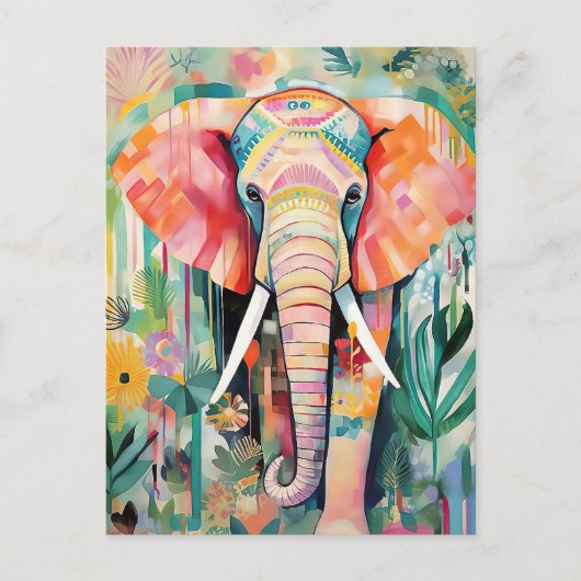 Illustration bunter Elefant mit Blumen pastel Postkarte (Vorderseite)