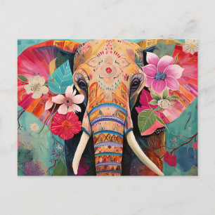 Illustration bunter Elefant mit Blumen Postkarte
