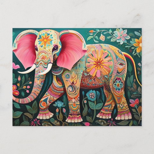 Illustration bunter Elefant mit Blumen Postkarte (Vorderseite)