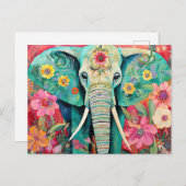 Illustration bunter Elefant mit Blumen Postkarte (Vorne/Hinten)