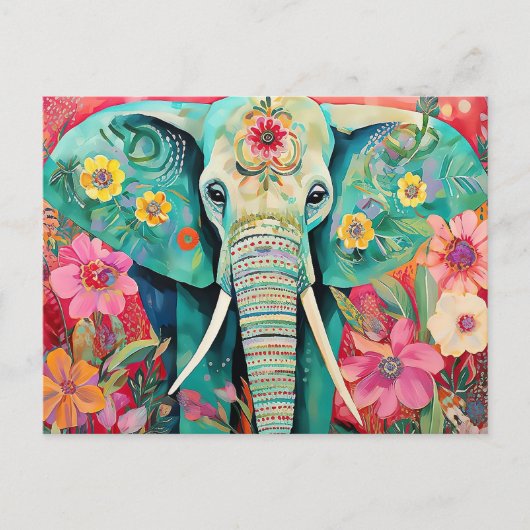 Illustration bunter Elefant mit Blumen Postkarte (Vorderseite)