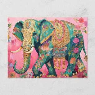 Illustration bunter Elefant mit Blumen Postkarte