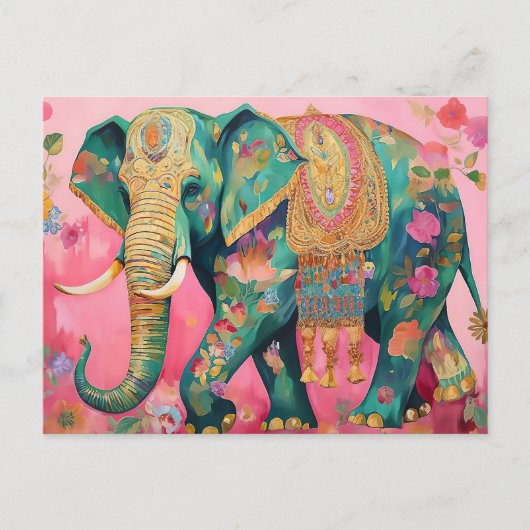 Illustration bunter Elefant mit Blumen Postkarte (Vorderseite)